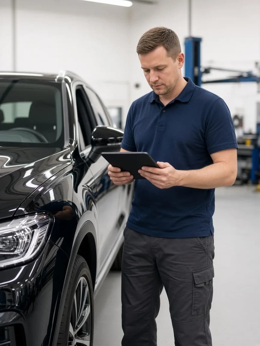 Kfz-Sachverständiger von Schaden Express bei der Fahrzeugbegutachtung mit Tablet