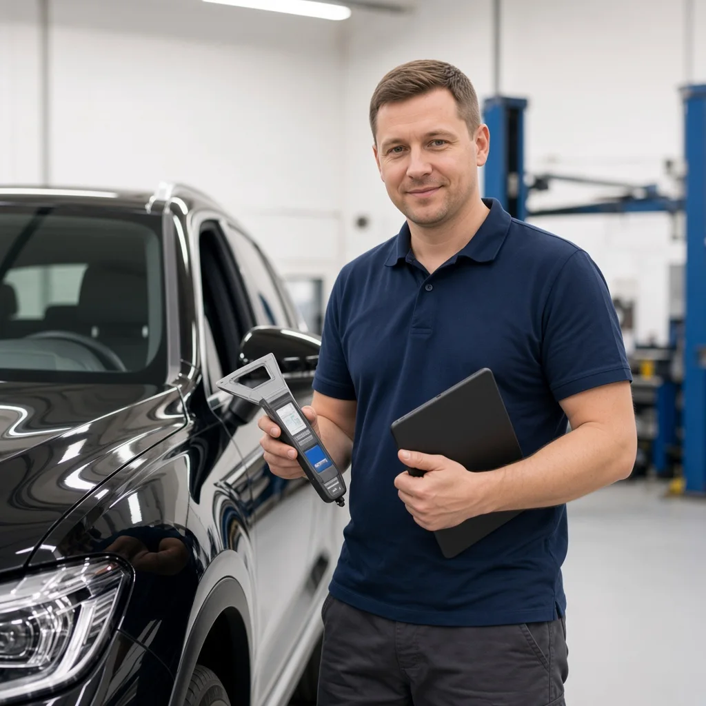 Kfz-Sachverständiger von Schaden Express mit Lackschichtmessgerät und Tablet in der Werkstatt